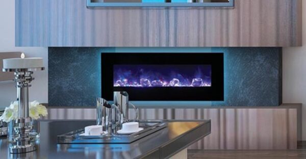 Idea of OntoArt styled living in daylight with included lights. Beautiful fireplace. 3D render